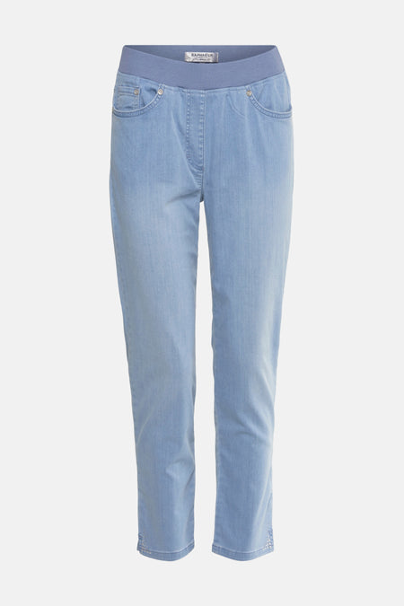 Jean slim en denim bleu clair de Raphaela avec ceinture élastique et détail de strass aux chevilles.