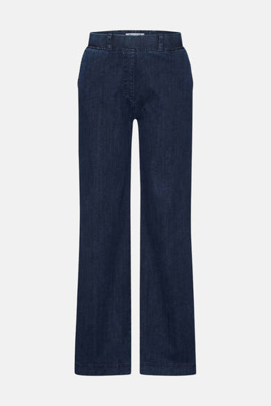 Wijde spijkerbroek in donkerblauw denim van RAPHAELA, uitlopend model op een effen achtergrond.