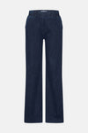Wijde spijkerbroek in donkerblauw denim van RAPHAELA, uitlopend model op een effen achtergrond.