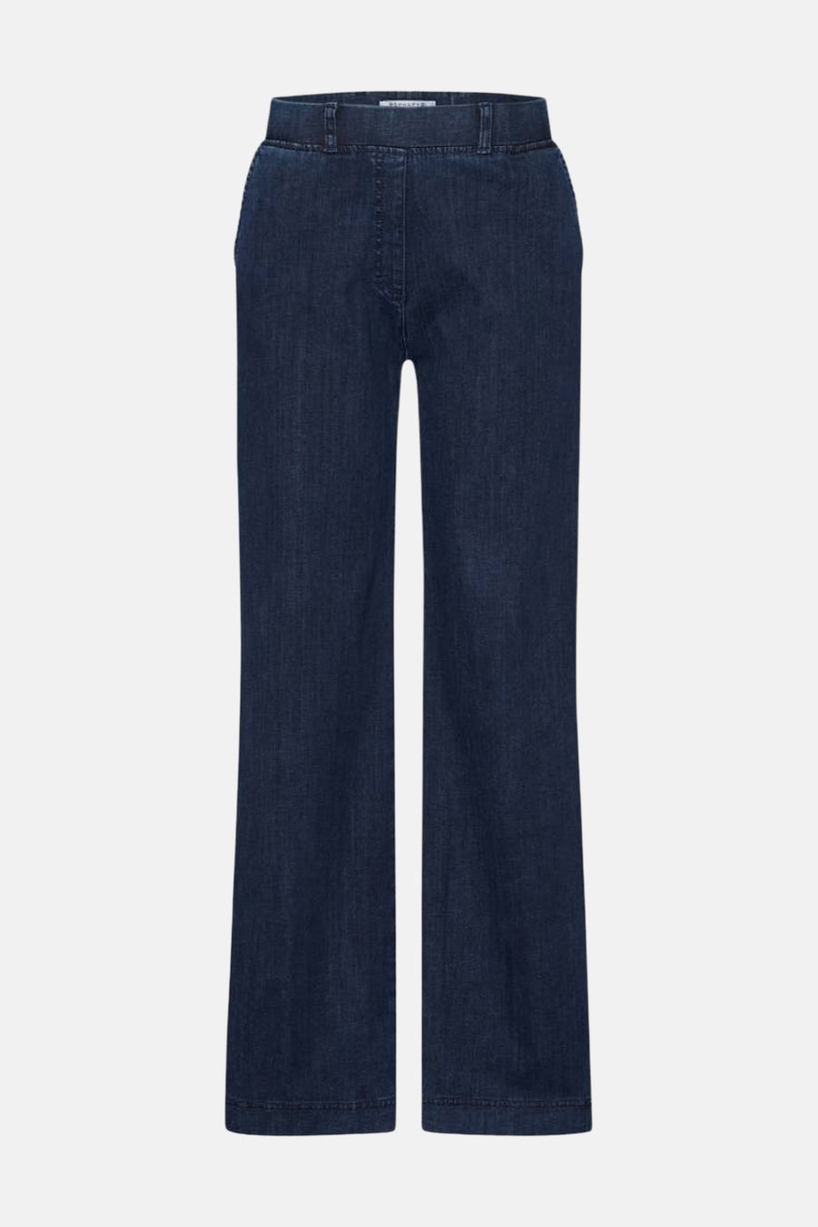 Wijde spijkerbroek in donkerblauw denim van RAPHAELA, uitlopend model op een effen achtergrond.