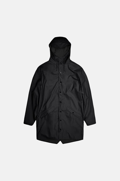 Black long coat with hood and front buttons, featuring two slanted pockets, shown in front view.