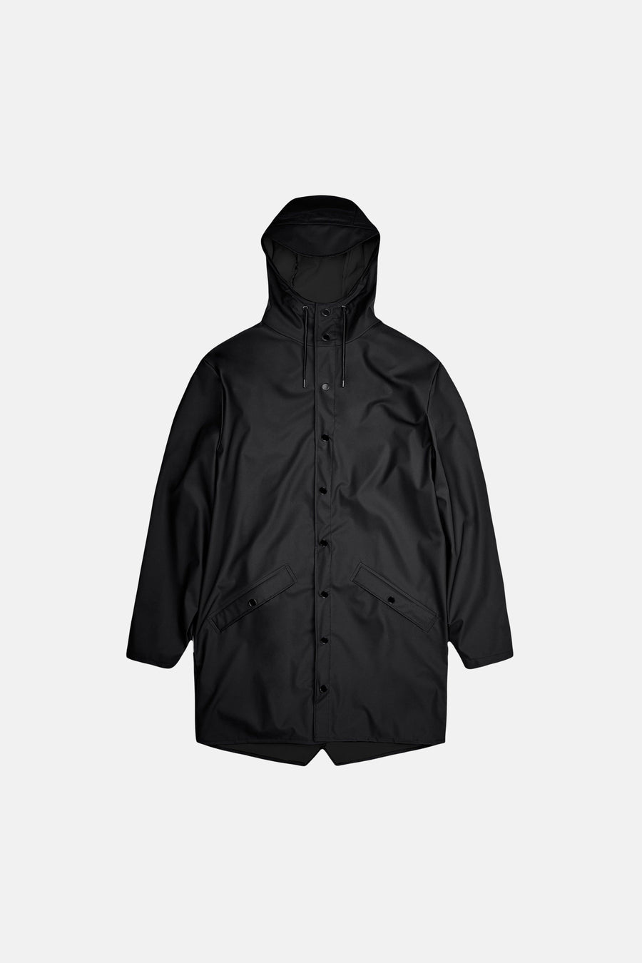 Black long coat with hood and front buttons, featuring two slanted pockets, shown in front view.