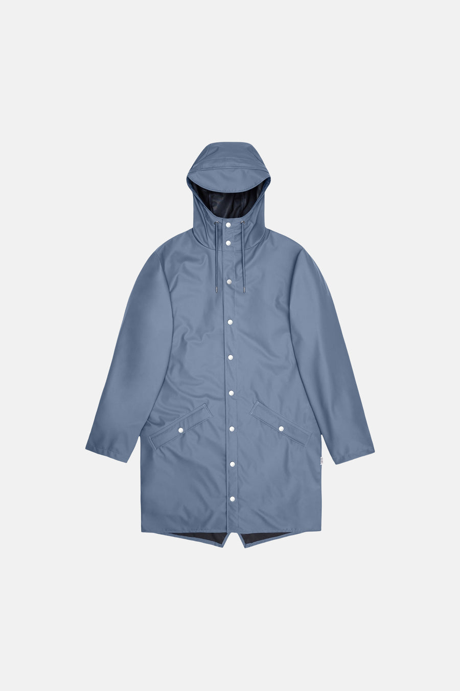 Blue long coat with hood and front buttons, featuring two slanted pockets and a smooth waterproof finish, shown from front view.
