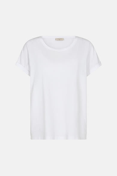 T-shirt blanc uni à manches courtes de FREEQUENT, avec col rond et ourlets retroussés.