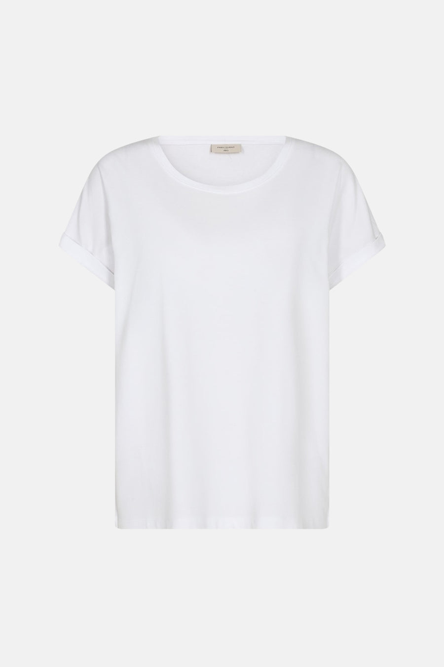 T-shirt blanc uni à manches courtes de FREEQUENT, avec col rond et ourlets retroussés.