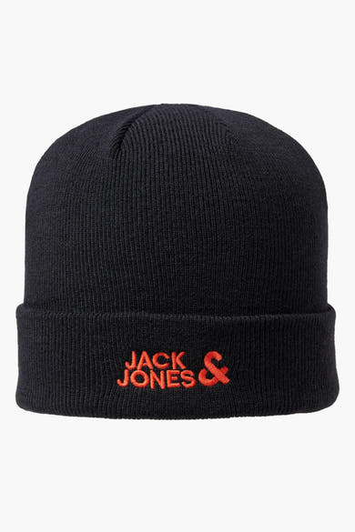 Bonnet noir en tricot par ACCESSORIES BY JACK & JONES, avec logo brodé orange sur le bord replié.