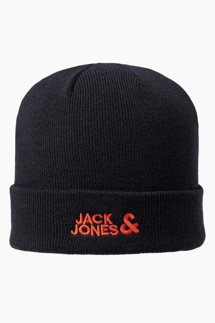 Bonnet noir en tricot par ACCESSORIES BY JACK & JONES, avec logo brodé orange sur le bord replié.
