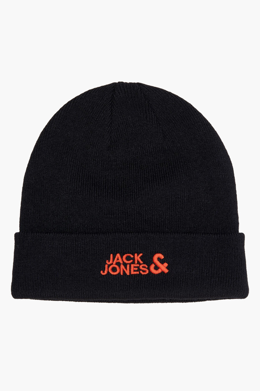 Bonnet noir par ACCESSORIES BY JACK & JONES avec inscription orange sur le revers.