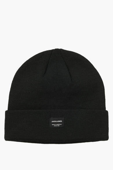 Bonnet noir de ACCESSORIES BY JACK & JONES, en tricot côtelé avec étiquette logo.