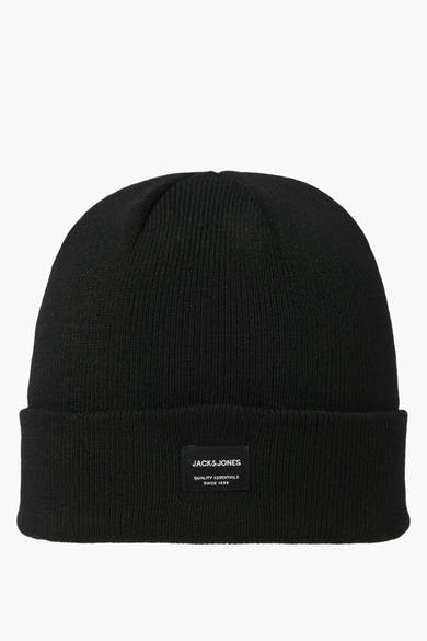 Bonnet noir de Accessories by Jack & Jones, en maille côtelée avec un patch logo sur le devant.