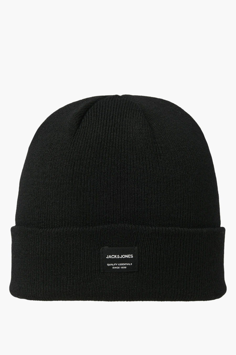 Bonnet noir de Accessories by Jack & Jones, en maille côtelée avec un patch logo sur le devant.