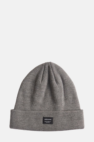 Bonnet gris chiné de ACCESSORIES BY JACK & JONES, en tricot côtelé avec étiquette logotée noire sur le bord.