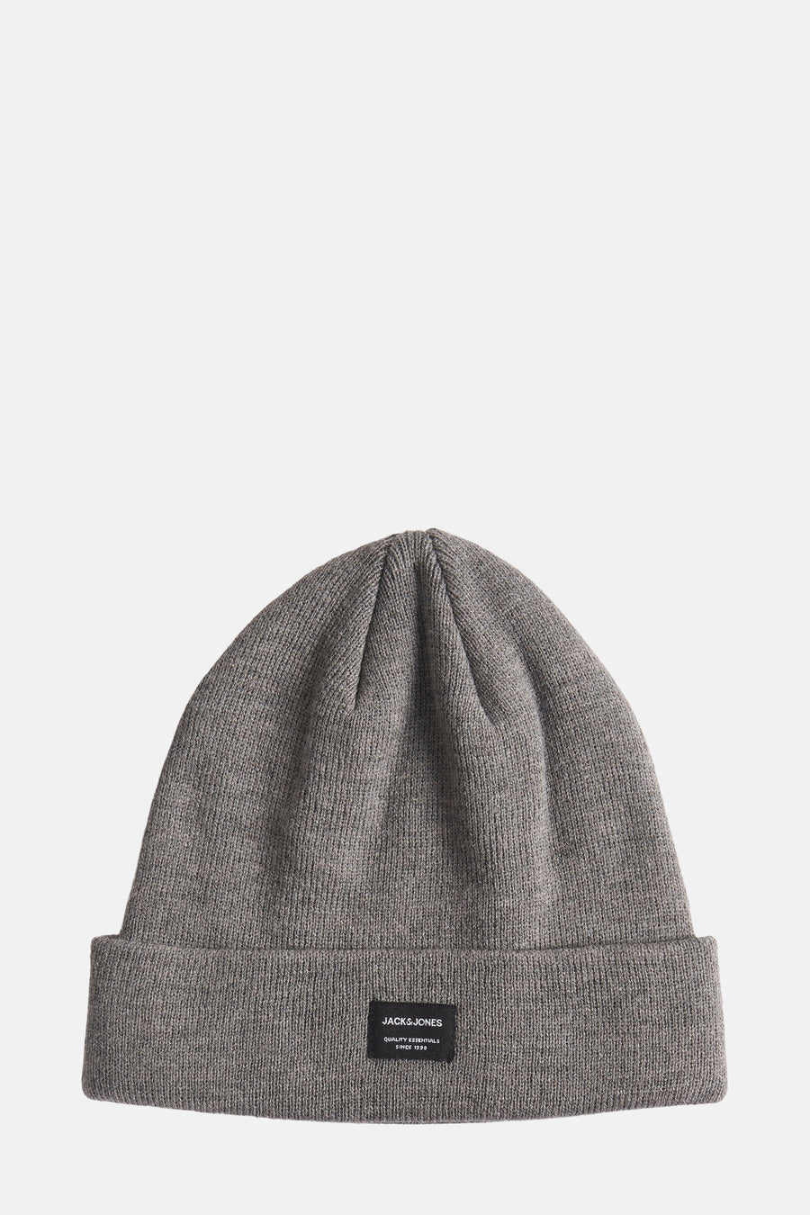 Bonnet gris chiné de ACCESSORIES BY JACK & JONES, en tricot côtelé avec étiquette logotée noire sur le bord.