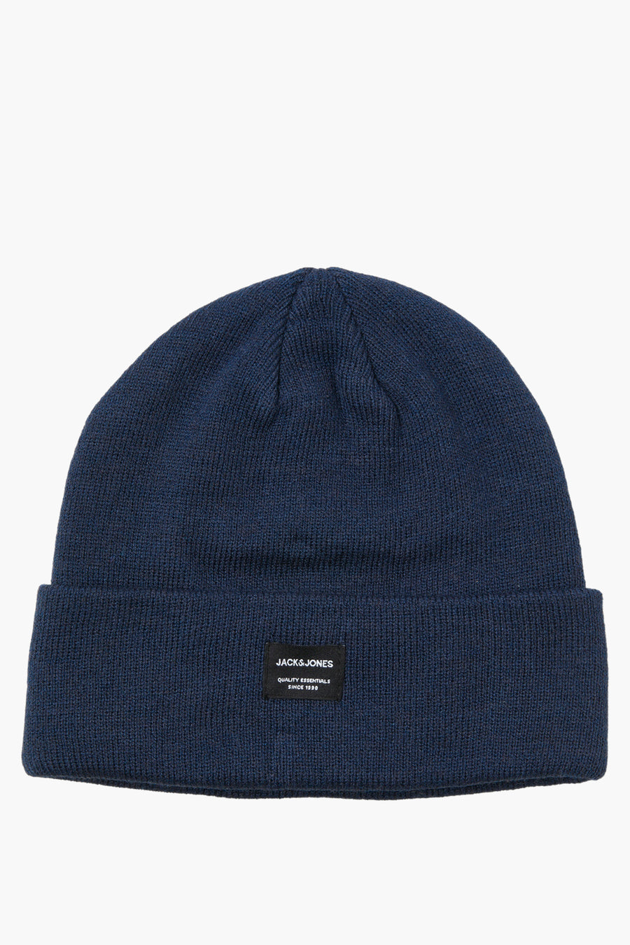 Bonnet bleu en tricot de ACCESSORIES BY JACK & JONES, avec une étiquette noire cousue sur le bord.