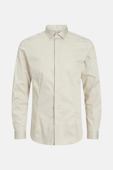 Ecru overhemd met lange mouwen van PREMIUM by JACK & JONES, klassieke pasvorm, knoopsluiting op een witte achtergrond.