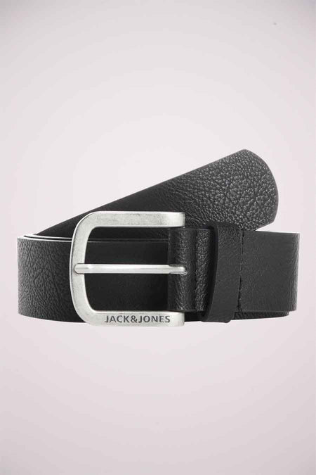 Ceinture noire texturée par ACCESSORIES BY JACK & JONES, avec une boucle argentée rectangulaire.