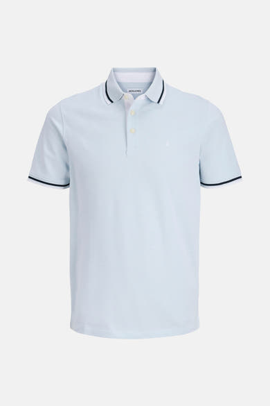 Polo bleu à manches courtes de PREMIUM by JACK & JONES avec des bordures contrastantes au col et aux manches.