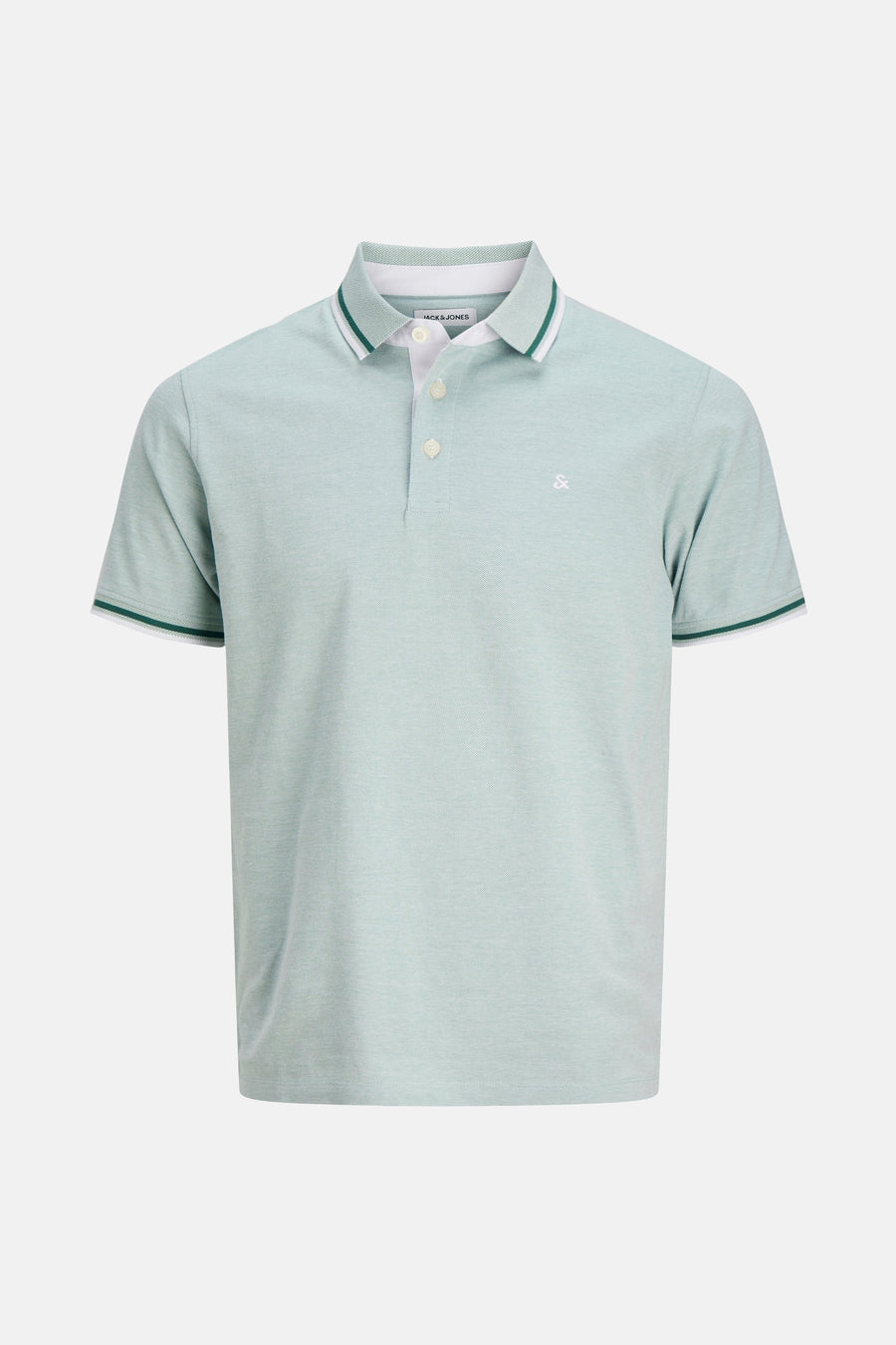 Polo bleu à manches courtes de PREMIUM by JACK & JONES, avec rayures blanches et vertes au col et aux manches.
