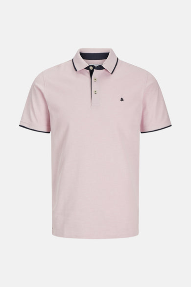 Polo rose à manches courtes de PREMIUM by JACK & JONES, avec col et ourlets bleu marine.