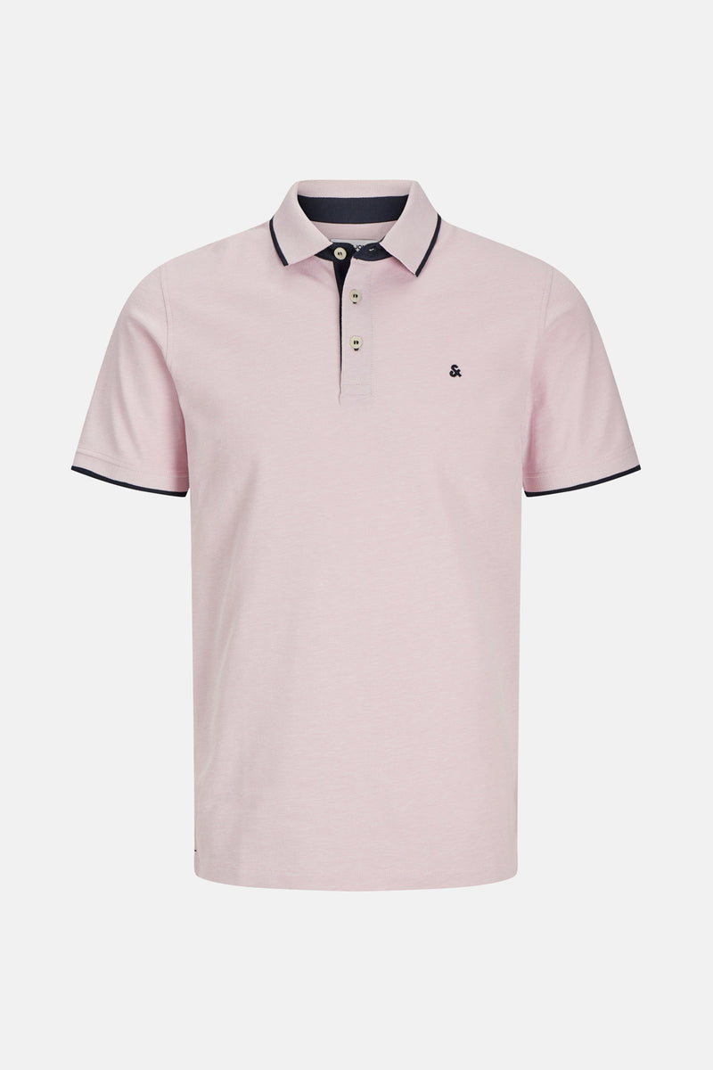 Polo rose à manches courtes de PREMIUM by JACK & JONES, avec col et ourlets bleu marine.