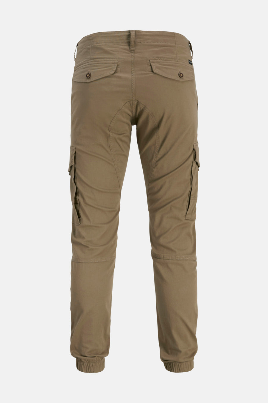 Pantalon cargo brun de JACK & JONES JEANS INTELLIGENCE avec poches latérales et ourlets élastiqués, vue de dos.