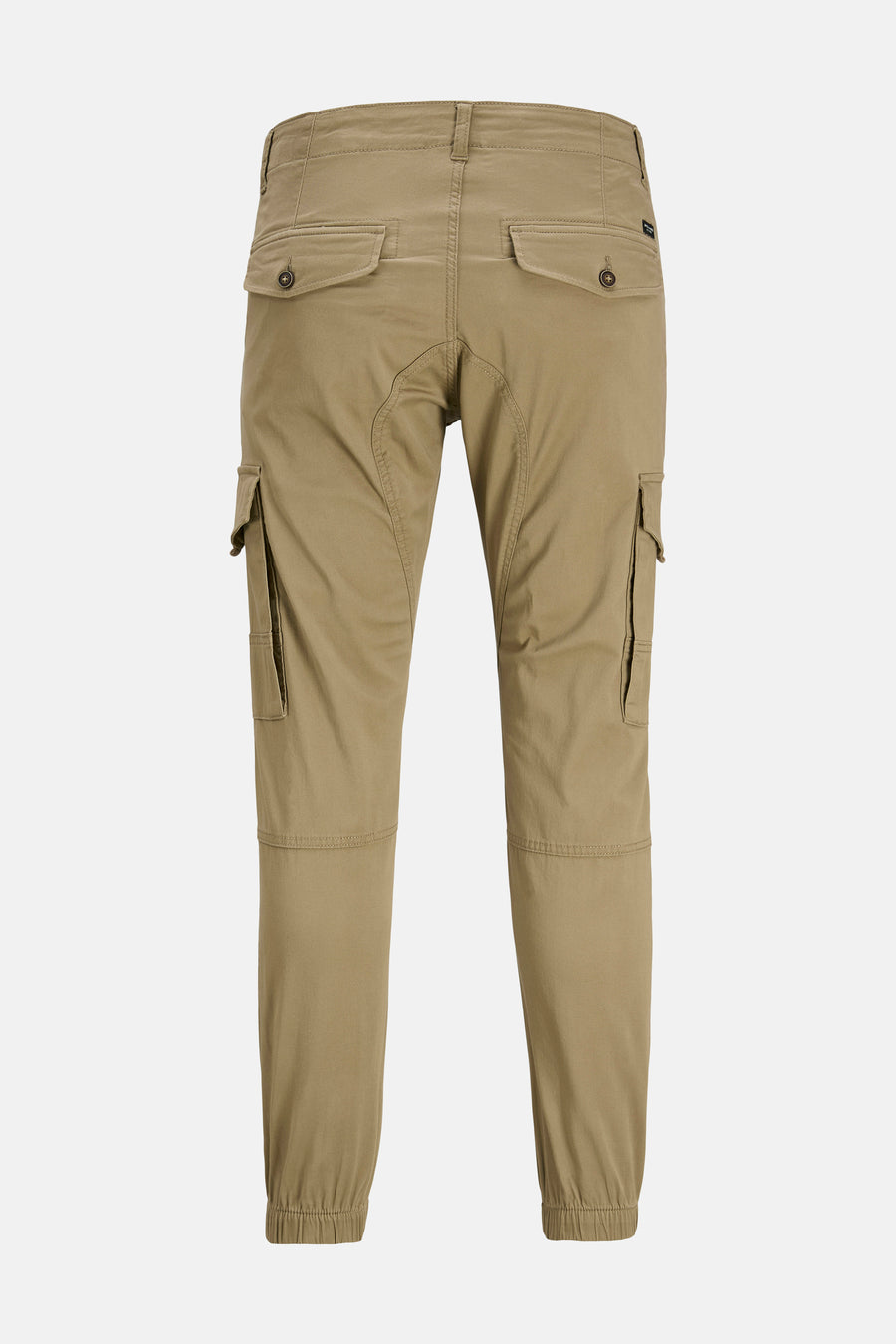 Pantalon cargo brun par JACK & JONES JEANS INTELLIGENCE, vue arrière, avec poches à rabat et ourlets élastiques.