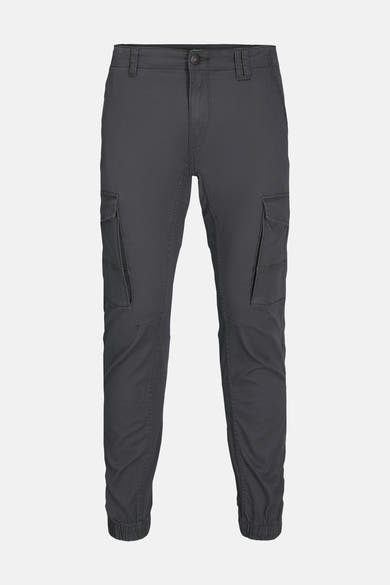 Grijze chino van JACK & JONES JEANS INTELLIGENCE, met cargozakken en elastische boorden aan de enkels.