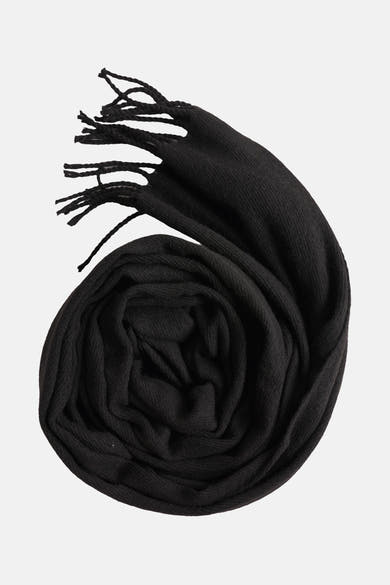 Écharpe noire de ACCESSORIES BY JACK & JONES, texture tricotée et détail de franges à une extrémité.
