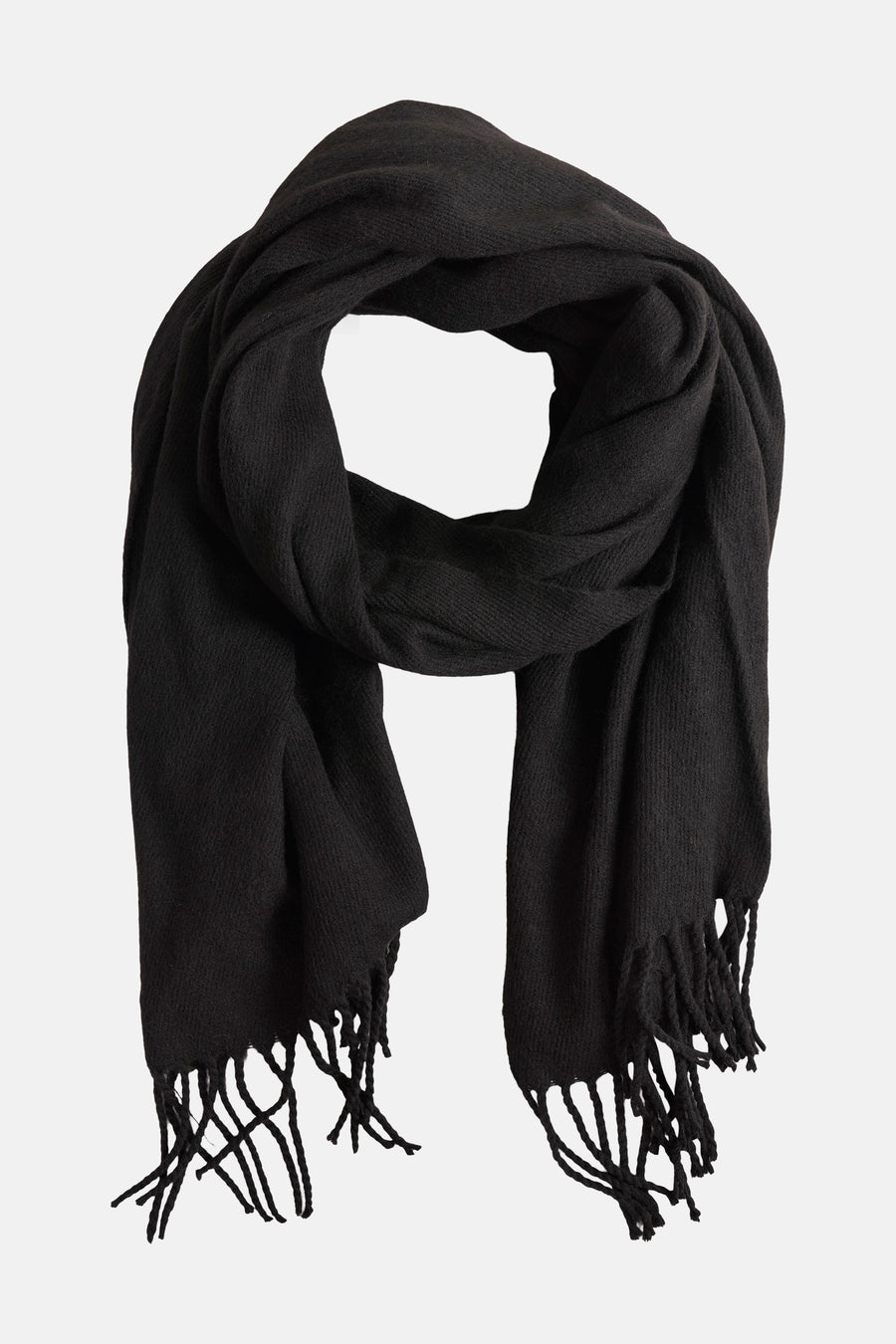 Écharpe noire par ACCESSORIES BY JACK & JONES, à franges et texture douce, vue de face.