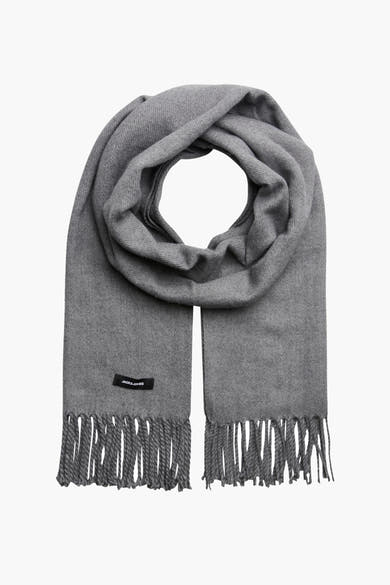 Grijze sjaal van ACCESSORIES BY JACK & JONES met decoratieve franjes aan de onderkant.