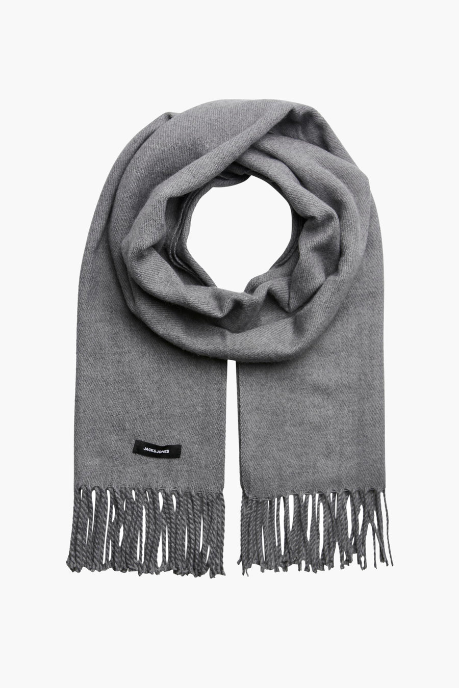 Grijze sjaal van ACCESSORIES BY JACK & JONES met decoratieve franjes aan de onderkant.