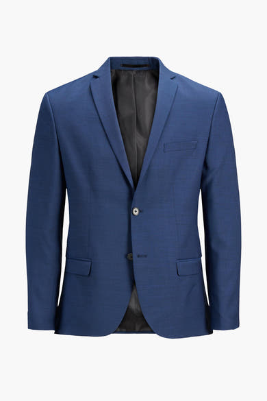 Blauwe blazer van PREMIUM by JACK & JONES, met een zwarte voering en een subtiele textuur.