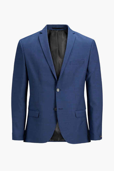 Blauwe blazer van PREMIUM by JACK & JONES, met zakken en een subtiele textuur.