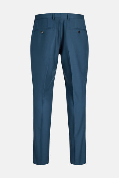 Blue tailored suit pants by JACK & JONES, back view with buttoned welt pockets and slim fit, smooth textured fabric.