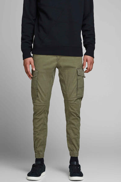Pantalon cargo vert de JACK & JONES JEANS INTELLIGENCE avec poches latérales et ourlets élastiqués.