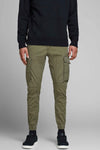 Pantalon cargo vert de JACK & JONES JEANS INTELLIGENCE avec poches latérales et ourlets élastiqués.