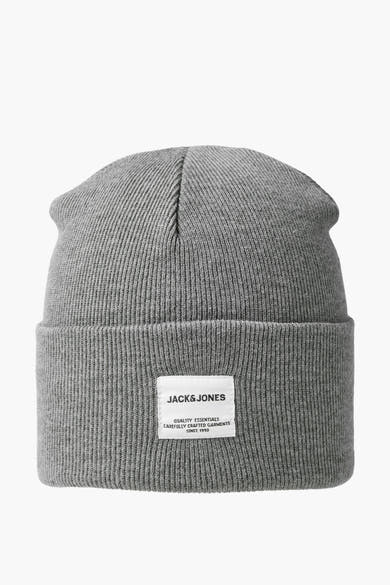 Grijze gebreide muts ACCESSORIES BY JACK & JONES, met een rechthoekig logo-patch op de rand genaaid.