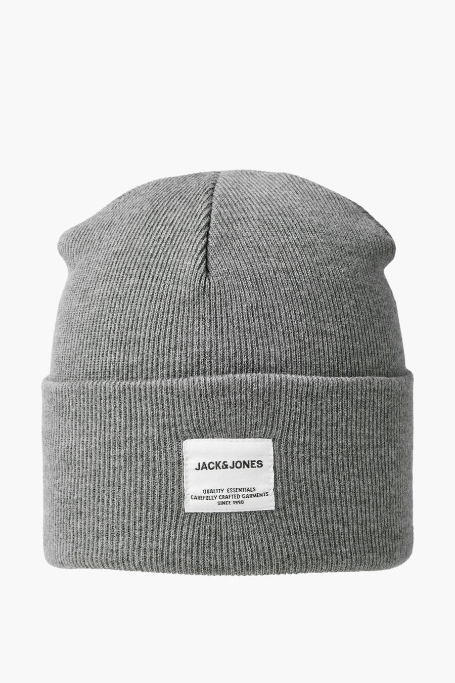 Grijze gebreide muts ACCESSORIES BY JACK & JONES, met een rechthoekig logo-patch op de rand genaaid.