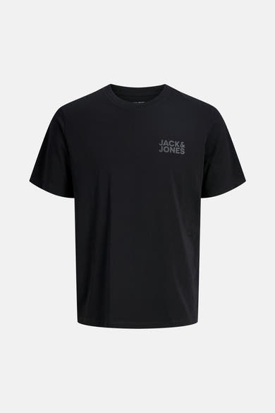 Zwart T-shirt met korte mouwen van JACK & JONES met grijs logo op de borst en ronde hals.