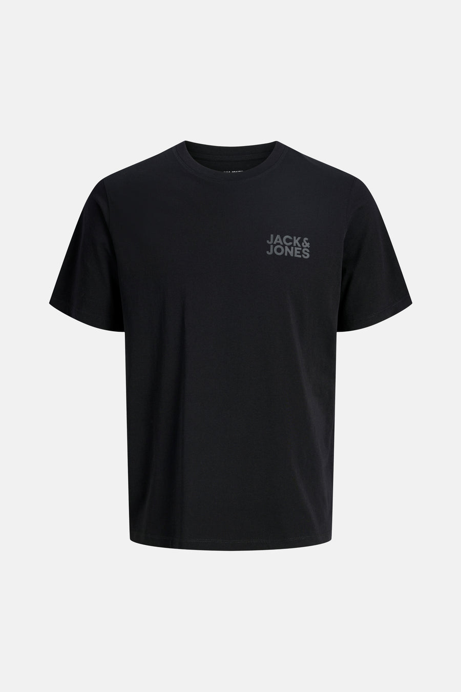 Zwart T-shirt met korte mouwen van JACK & JONES met grijs logo op de borst en ronde hals.
