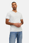 White V-neck short-sleeve t-shirt by [brand] worn with blue jeans, front view on model