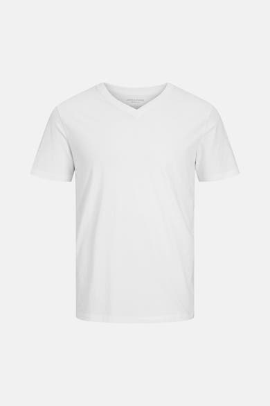 White V-neck short-sleeve t-shirt by Jack & Jones, plain cotton, front view, minimalist design