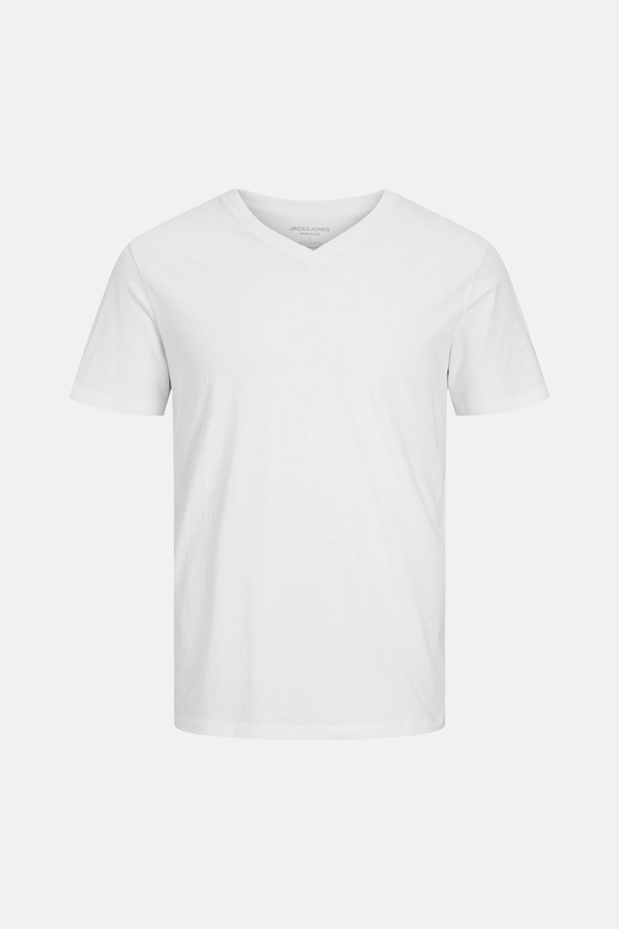 White V-neck short-sleeve t-shirt by Jack & Jones, plain cotton, front view, minimalist design