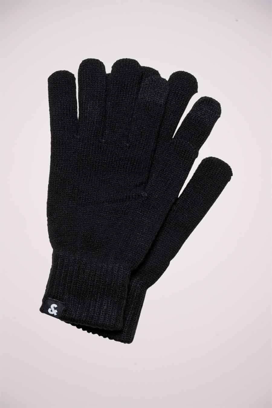 Gants noirs en tricot par ACCESSORIES BY JACK & JONES avec un petit logo sur le poignet.