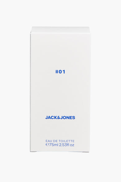 Parfum blanc de ACCESSORIES BY JACK & JONES, avec le numéro #01 écrit en bleu, dans un emballage blanc.