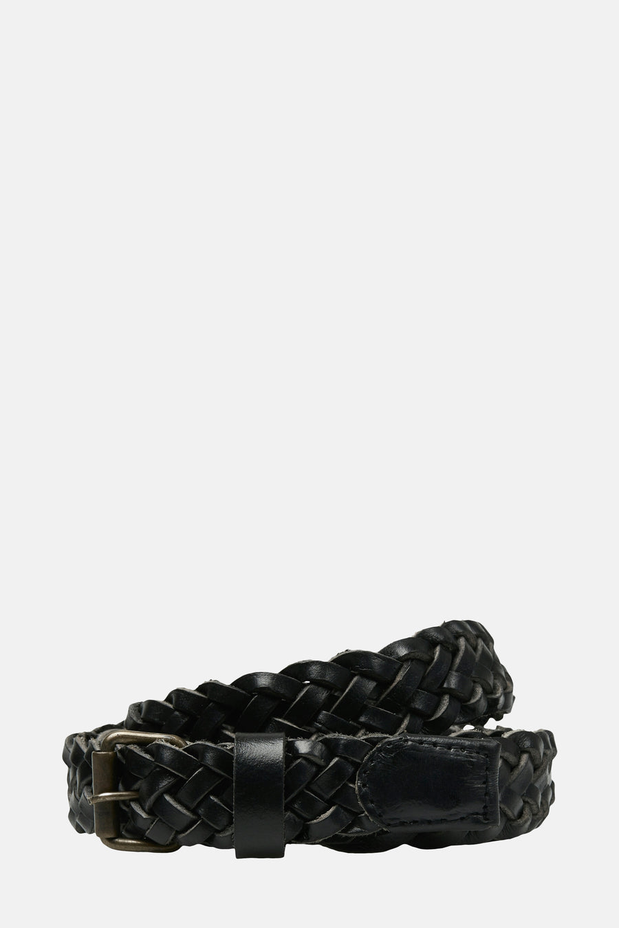 Zwarte gevlochten leren riem van ACCESSORIES BY JACK & JONES, met een verouderde metalen gesp.