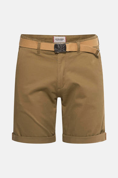 Korte kaki broek van JACK & JONES, met beige canvas riem en zilveren gesp.