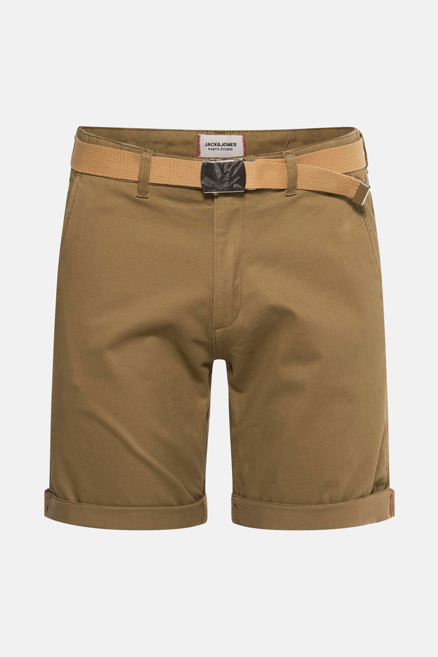 Korte kaki broek van JACK & JONES, met beige canvas riem en zilveren gesp.