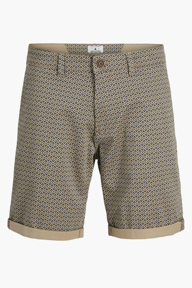 Beige Bermuda JACK & JONES JEANS INTELLIGENCE met all-over patroon en omgeslagen zomen.