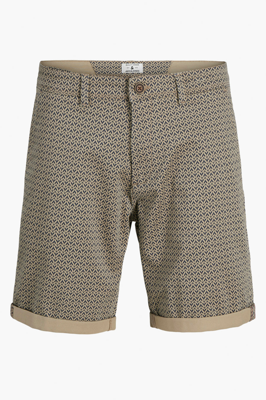 Beige Bermuda JACK & JONES JEANS INTELLIGENCE met all-over patroon en omgeslagen zomen.
